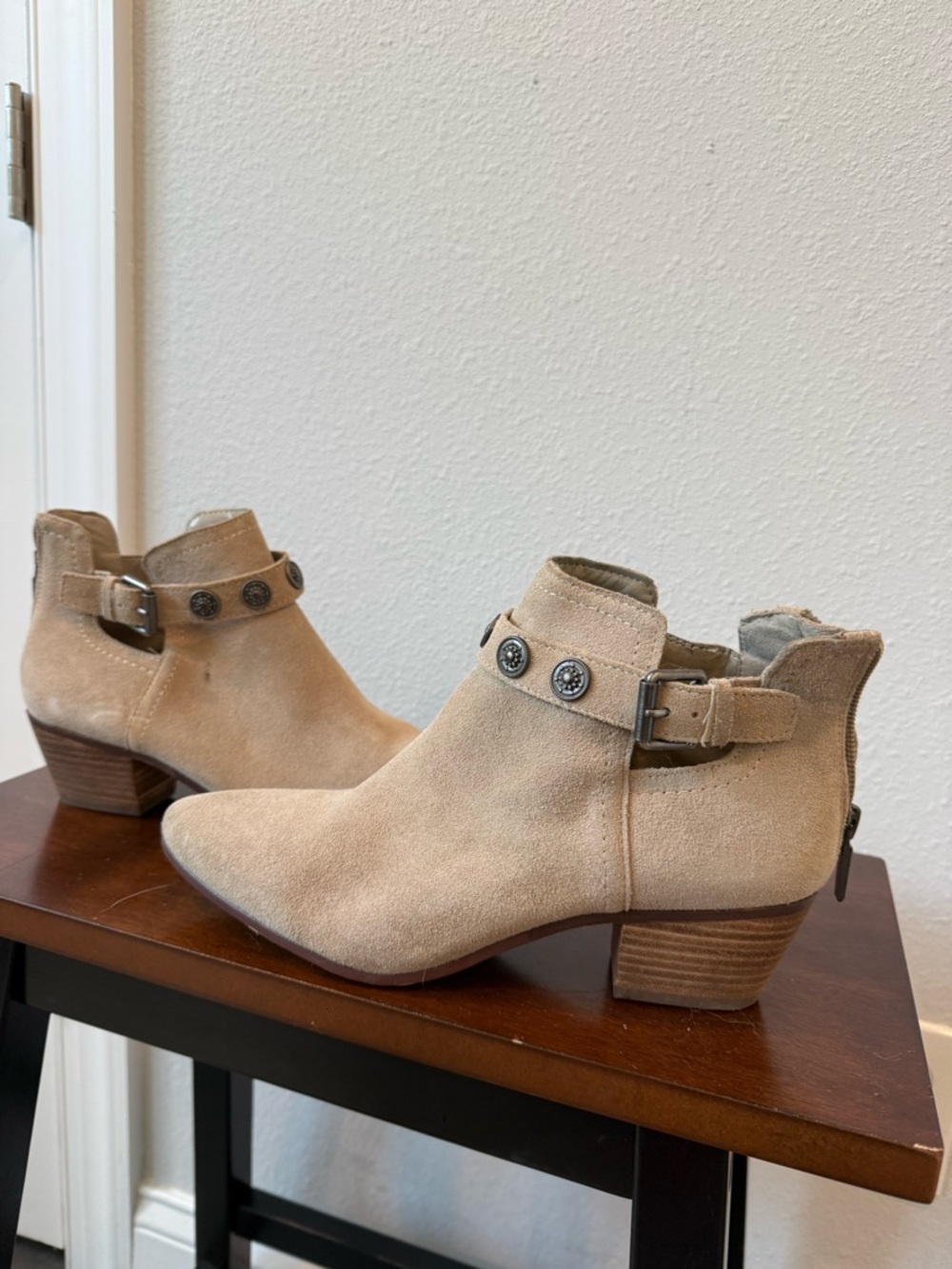 Nine West Tan Suede Ankle Booties with Studded Strap